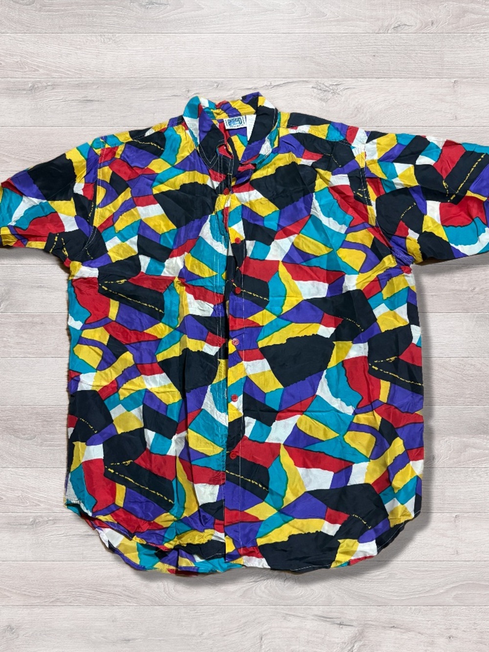 Vintage Backroad Blues 100% Silk Geometric Button Up Shirt Women’s 18W Colorful